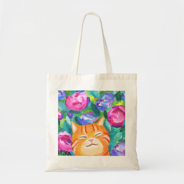Tote Bag Drôle Chat Tabby Orange avec Fleurs Amoureux des c (Devant)