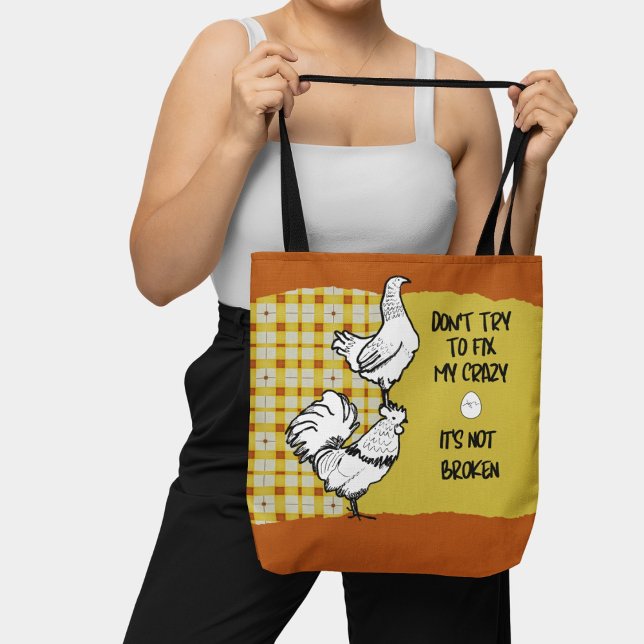 Tote Bag Drôle Coq Phrase Poulet Jaune Orange Plaid (Créateur téléchargé)