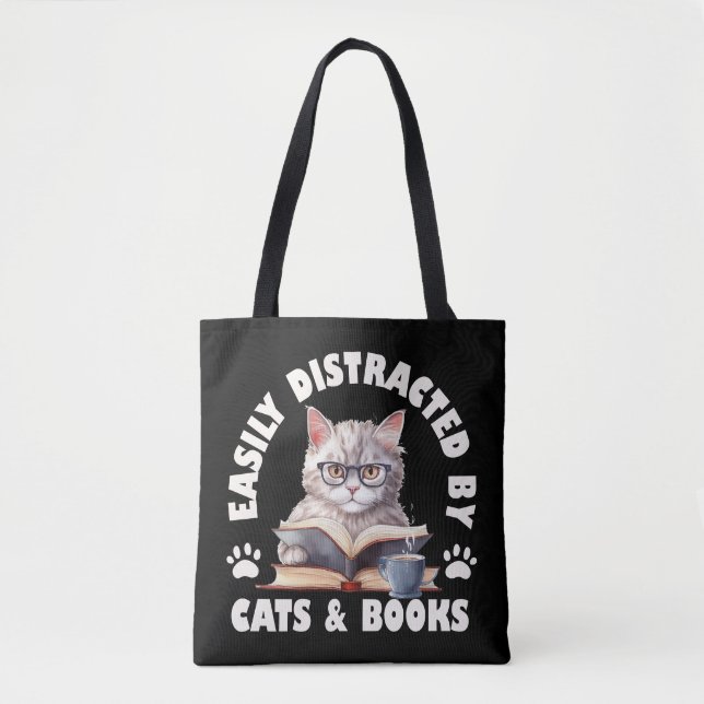 Tote Bag Drôle Facilement Distrait Par Les Chats Et Les Liv (Devant)
