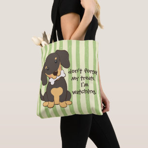 Tote Bag Drôle, je surveille, dachshund noir, rayures verte