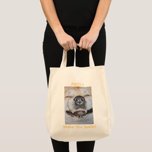Tote Bag drôle photo de mignon chien souriant akita (Devant (produit))