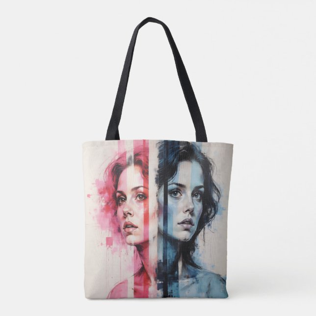 Tote Bag Dualité Rouge et Bleue - Portraits jumeaux dans Ab (Dos)