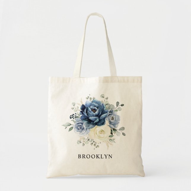 Tote Bag Dusty Blue Navy Champagne Ivory Floral Mariage (Devant)