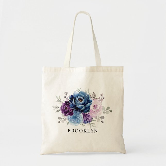 Tote Bag Dusty Blue Purple Navy Lilac Bloom Bridesmaid cade (Devant)