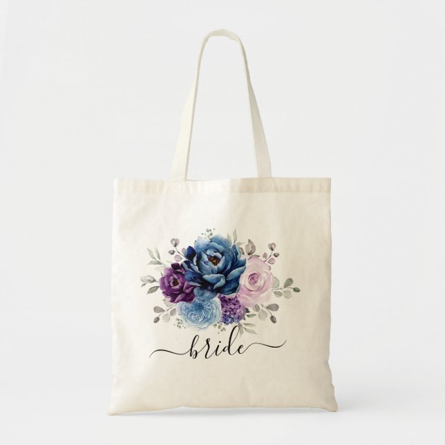 Tote Bag Dusty Blue Purple Navy Lilac Blooms Mariage (Devant)