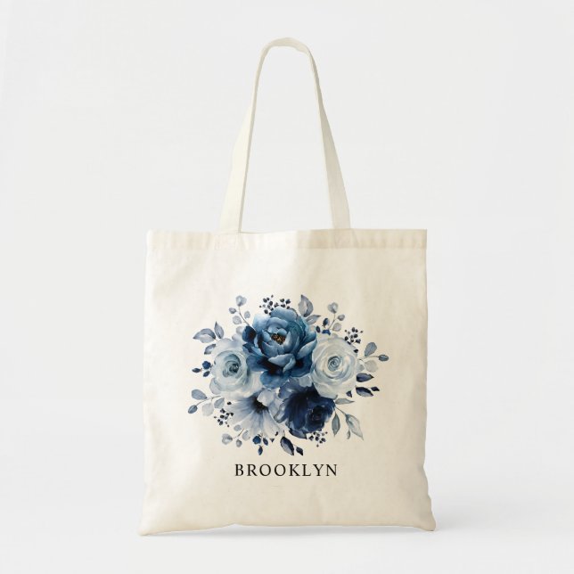 Tote Bag Dusty Blue Slate Navy Floral Bridesmaid Cadeau (Devant)