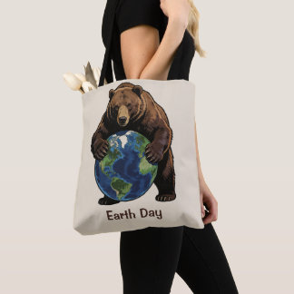 Tote Bag Earth Day Bear Hugging Planet Design