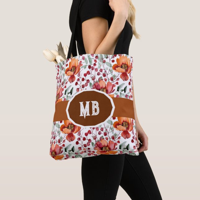 Tote Bag Earthy Colors, Fall Flowers Monogrammed (De près)