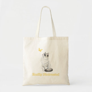 Tote Bag Easily Distracted Cute Cat & Butterfly Design
