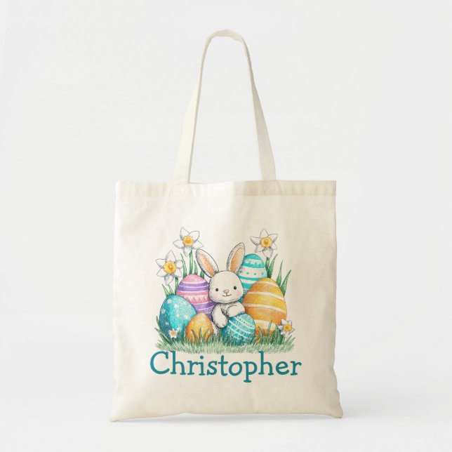 Tote Bag Easter Kids Name Boys Bunny Rabbit (Devant)