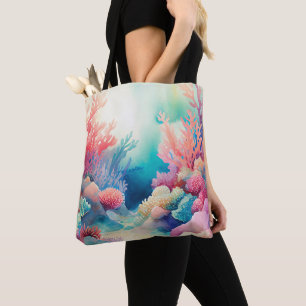 TOTE BAG EAU COULEUR OCÉAN ÉTAGE AVEC PLANTES DE RÉCIF CORA