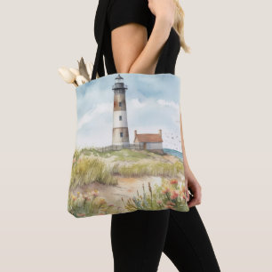 TOTE BAG EAU PASTEL PHARE D'ÉTÉ SUR LA PLAGE