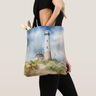 TOTE BAG EAU PASTEL PHARE D'ÉTÉ SUR LA PLAGE