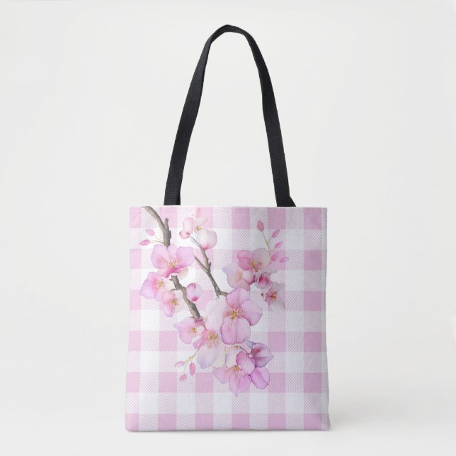 Tote Bag Eau rose cerisier fleurs plaid en vichy (Devant)