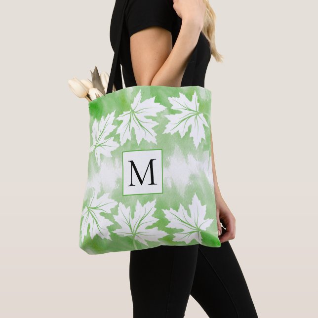 Tote Bag Eau verte laver feuilles d'érable et monogramme (De près)
