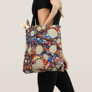 TOTE BAG EAUX ABSTRAITES ROUGES BLEU MARBLÉES, CERCLES BLAN