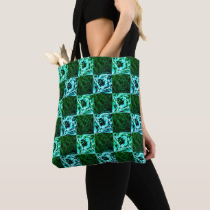 Tote Bag Échecs ou cyan vert et bleu ciel, avec rectangle