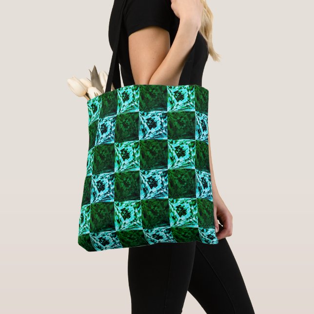 Tote Bag Échecs ou cyan vert et bleu ciel, avec rectangle (De près)