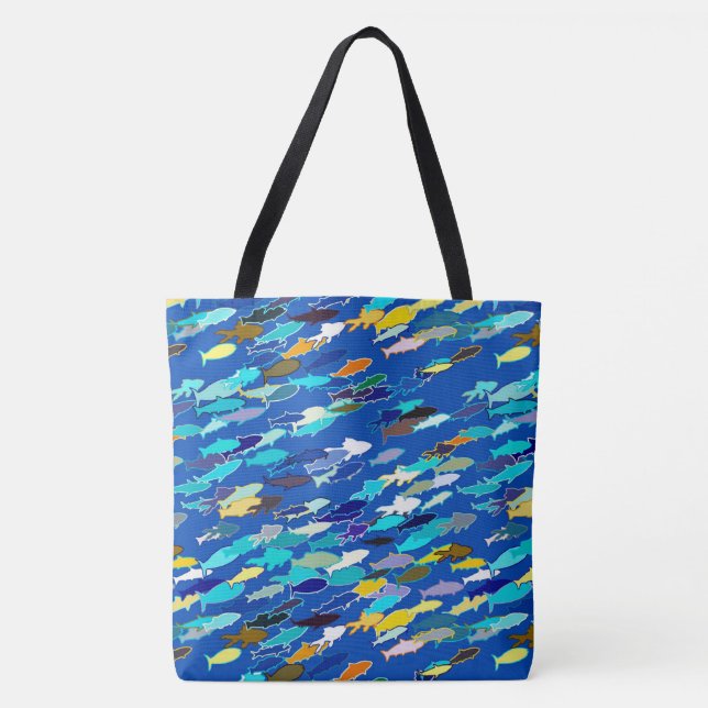 Tote Bag École de poisson, bleu foncé, blanc et turquoise (Devant)