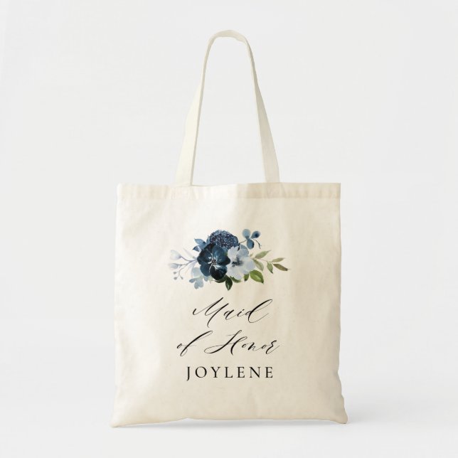 Tote Bag écriture élégante marine bleu floral demoiselle d' (Devant)