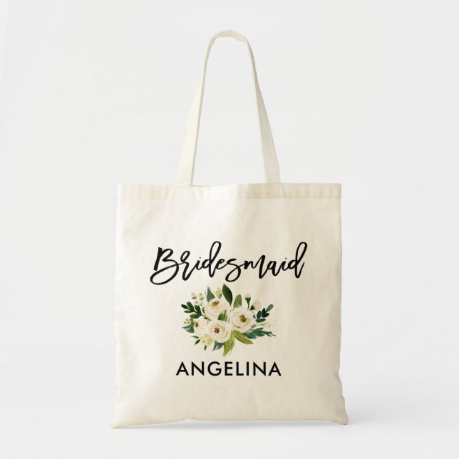 Tote Bag Écriture Moderne au Pinceau Vert et Blanc Floral D (Devant)
