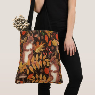 Tote Bag Écureuils automnaux et flore sur brun foncé