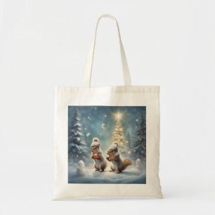 Tote Bag Écureuils fantaisistes jouent dans la neige à Noël