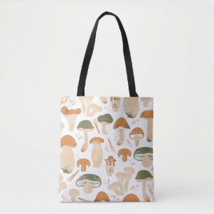 Tote Bag Edible Mushrooms seamless pattern. Linocut old sty