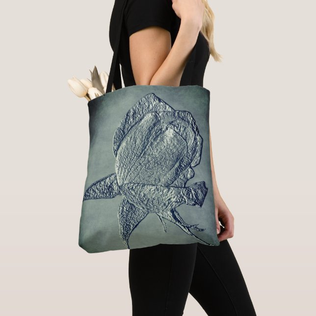 Tote Bag Effet Sculpte Fleur de Rosier Argentée  (De près)