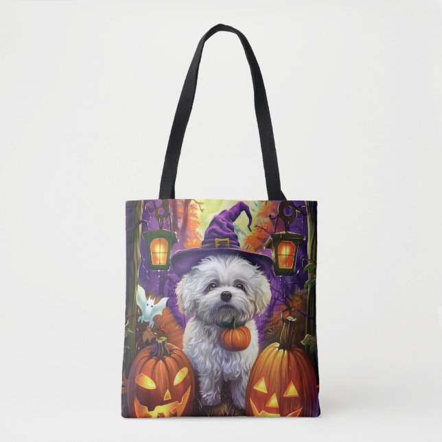 Tote Bag Éffrayant Bichon Frise Halloween sorcière et Citro (Devant)