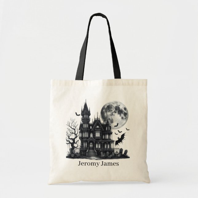Tote Bag Éffrayant Haunted House ajouter nom secret traitem (Devant)