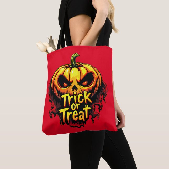 Tote Bag Éffrayant "Trick or Treat" Citrouille Halloween Ar (De près)