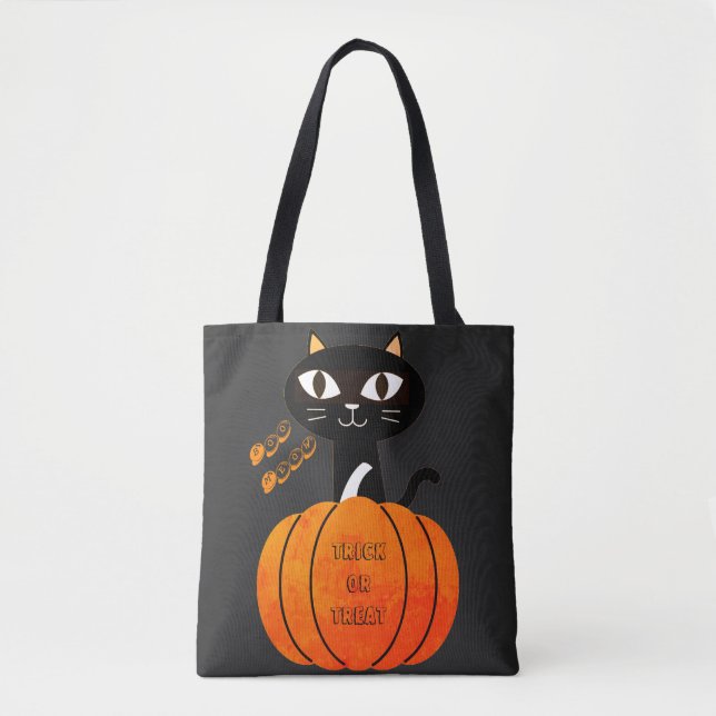 Tote Bag Éffrayante Orange & Chat Noir Tricoter ou traiter  (Devant)
