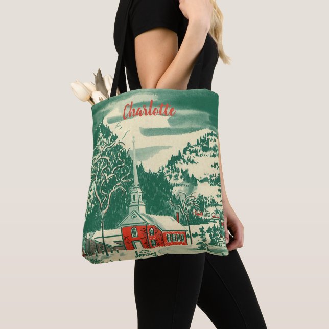 Tote Bag Église de Noël vintage, paysage enneigé en hiver (De près)