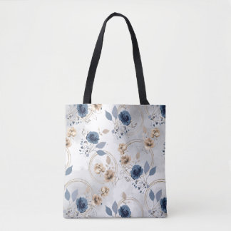 Tote Bag Élégant aquarelle florale bleu marine et beige 