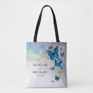 Tote Bag Elégant Argent Arc-en-ciel et Mariage Papillon ble