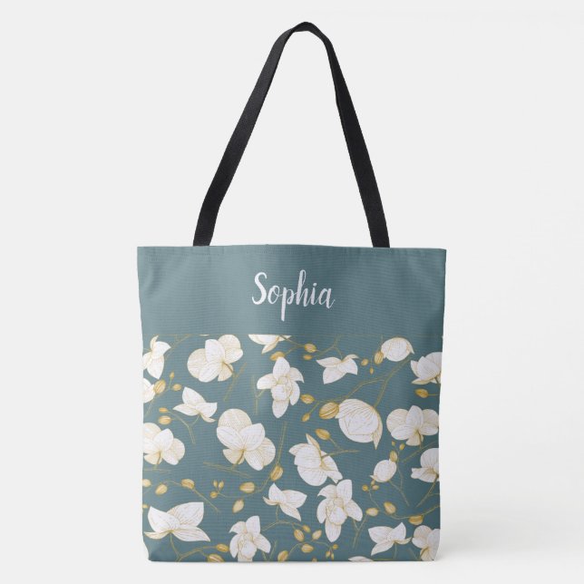 Tote Bag Elégant avec or et blanc orchidées chic acier turq (Devant)