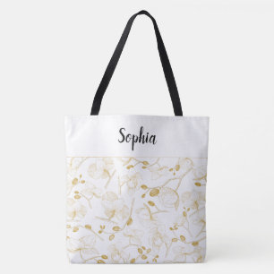Tote Bag Élégant avec or et orchidées blanches chic blanc