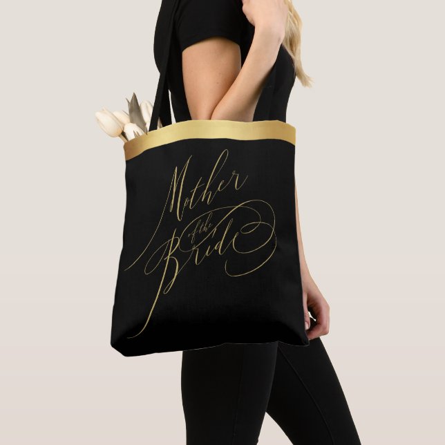 Tote Bag Elégant Black Gold Script Mère de la mariée Fourre (De près)
