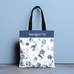 Tote Bag Élégant Bleu Botanique Floral Nom personnalisé