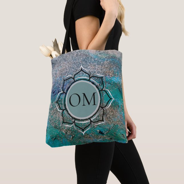 Tote Bag Élégant bleu brillant OM Lotus (De près)