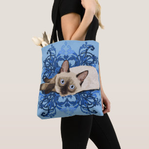 Tote Bag Elégant bleu floral chat siamois jolie féline