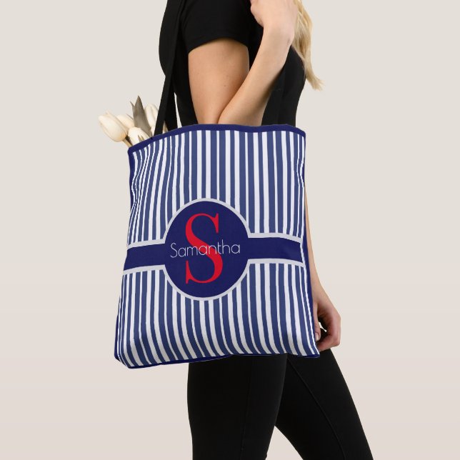 Tote Bag Élégant bleu marine rouge rayé monogramme initial (De près)