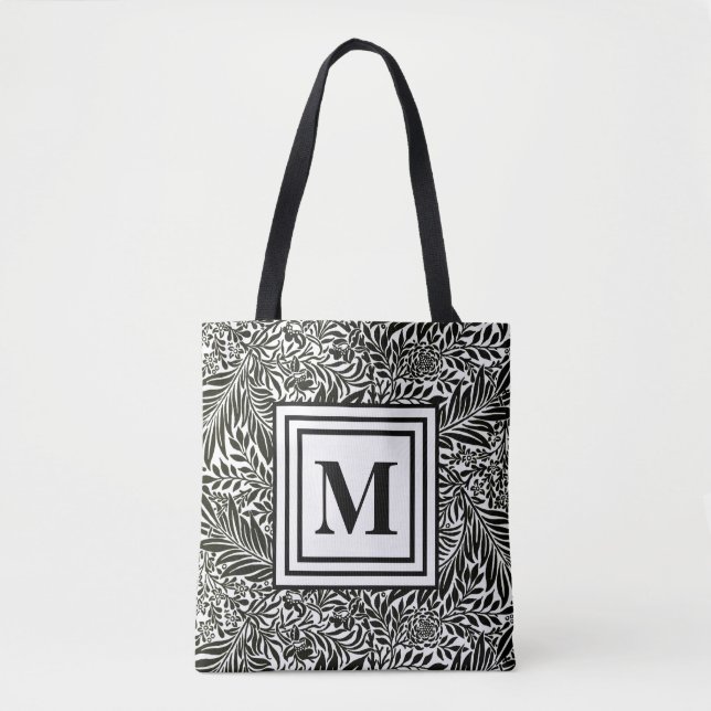 Tote Bag Élégant Botanique Noir et Blanc Monogramme (Devant)