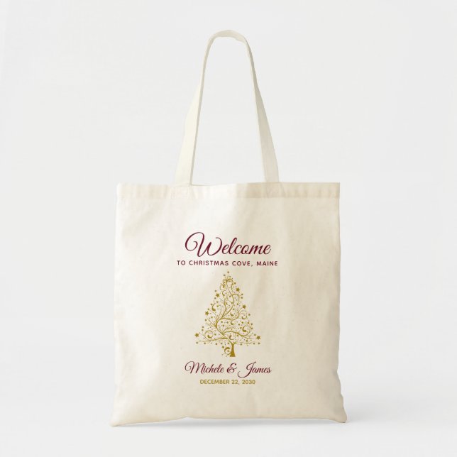 Tote Bag Elégant Burgundy Gold Winter Wedding Welcome (Devant)
