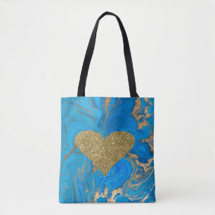 Tote Bag Élégant Chic Faux Cœur Pailleté Or Marbre