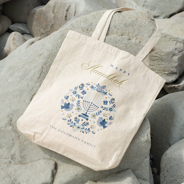 Tote Bag Elégant Classy Navy Blue Happy Hanoukka Floral (Créateur téléchargé)