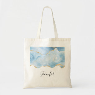 Tote Bag Elégant Cool Bleu Agate et Parties scintillant Or