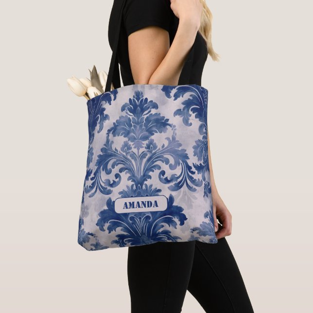 Tote Bag Élégant damassé Bleu toile de jouy monogramme (De près)