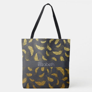 Tote Bag Élégant Et Chic Motif De Plumes Noir Et Or